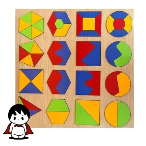 جورچین چوبی اشکال هندسی ۲۵ قطعه, کودک در حال بازی با پازل اشکال هندسی, قطعات چوبی رنگی اشکال هندسی, صفحه چوبی جورچین آموزشی