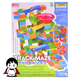 سازه لگو ماربل ران (پیچ و خم) 203 قطعه با مسیرهای شفاف | محتویات جعبه لگو پیچ و خم 203 قطعه شامل قطعات و توپ‌ها | نمای نزدیک از حرکت توپ در مسیر شفاف لگو ماربل ران