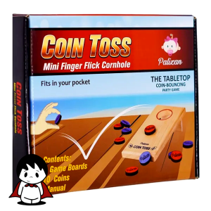 بازی پرتاب سکه چوبی با سکه‌های چیده شده در دو طرف | دو نفر در حال انجام بازی هیجان‌انگیز شوتینگ سکه چوبی | نمای نزدیک از سکه در حال پرتاب شدن با کش در بازی | جعبه و محتویات کامل بازی پرتاب سکه شامل تخته و ۱۰ سکه