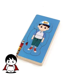 پازل چوبی چند لایه اعضای بدن انسان,کودک در حال تکمیل پازل آناتومی بدن,نمای لایه‌های مختلف پازل بدن انسان از اسکلت تا پوست,قطعات چوبی پازل اعضای بدن