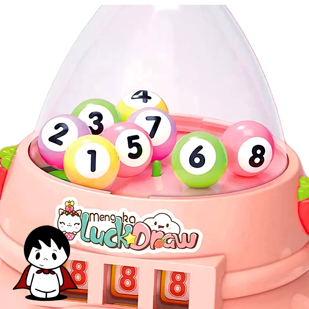 یک تخم مرغ شانسی بزرگ طرح فانتزی به رنگ صورتی فانتزی که به صورت عمودی روی یک سطح سفید قرار گرفته است. روی تخم مرغ طرحهای کارتونی و ستارههای کوچکی دیده میشود. در کنار تخم مرغ، چند اسباببازی کوچک و رنگارنگ (مانند یک فیگور کوچک، یک ماشین پلاستیکی و چند استیکر) چیده شدهاند که نشاندهنده محتویات احتمالی داخل تخممرغهای شانسی است. پسزمینه تصویر روشن و شاد است.