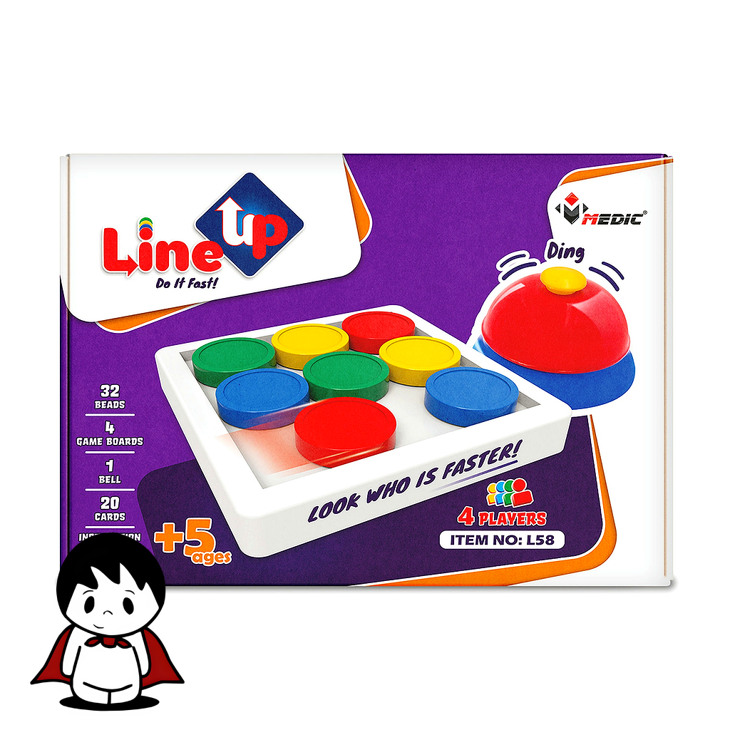 اسباب بازی فکری مدل لاین آپ با مهرههای رنگی و زنگ, چهار نفر در حال انجام بازی رومیزی لاین آپ, محتویات جعبه اسباب بازی سرعتی لاین آپ