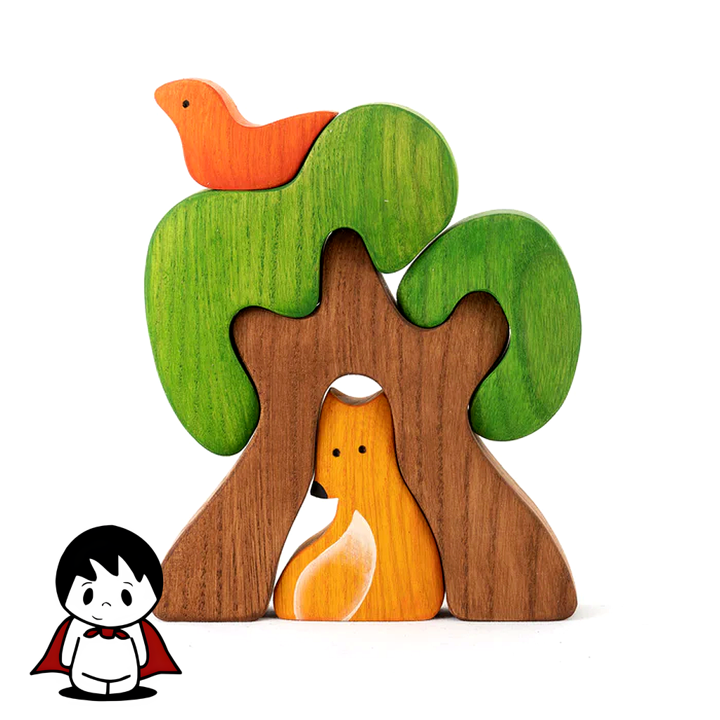 پازل چوبی تعادلی درخت و روباه,بازی تعادلی چوبی حیوانات,چیدن بلوک های چوبی روی هم,کودک در حال بازی با پازل تعادلی,اسباب بازی دکوراتیو چوبی