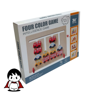 بازی رنگچین چوبی طرح ماشین با مهره های رنگی, کودکی در حال چیدن مهره های رنگچین, صفحه چوبی بازی به شکل ماشین, کارت های الگوی بازی رنگچین, بسته بندی بازی فکری رنگچین چوبی