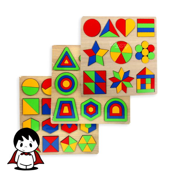 جورچین چوبی اشکال هندسی ۲۵ قطعه, کودک در حال بازی با پازل اشکال هندسی, قطعات چوبی رنگی اشکال هندسی, صفحه چوبی جورچین آموزشی