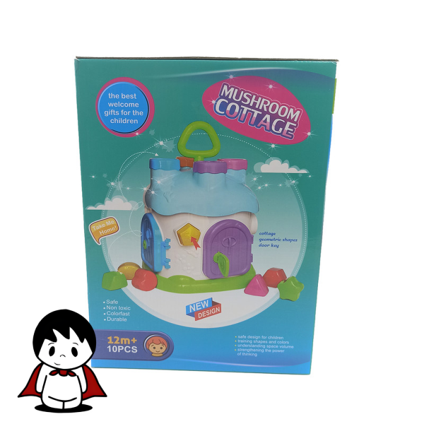 اسباب بازی کلبه هوش قارچی,کودک در حال بازی با کلبه هوش,اشکال هندسی رنگی کلبه هوش,جایگذاری اشکال هندسی در کلبه,کلبه هوش برای کودک یک ساله