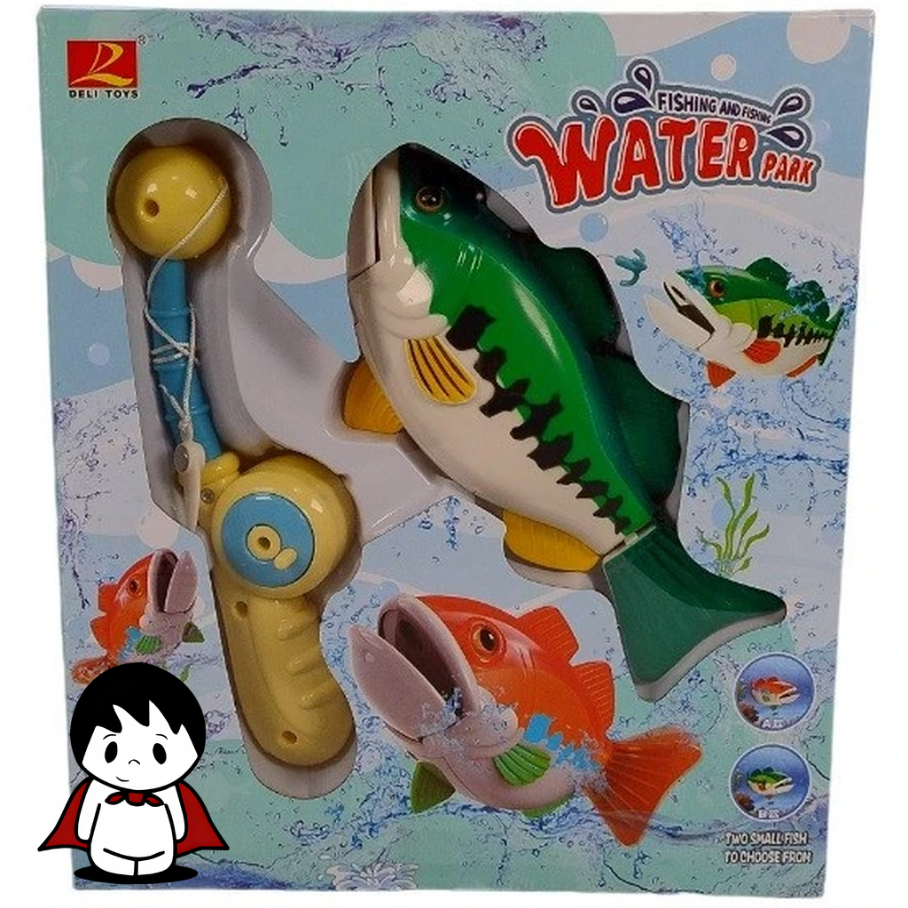 اسباب بازی آموزشی ماهیگیری باطری خور در حال حرکت در آب, قلاب ماهیگیری اسباب بازی در دست کودک, نمای نزدیک ماهی رباتیک رنگی, بسته بندی اسباب بازی آموزشی ماهیگیری