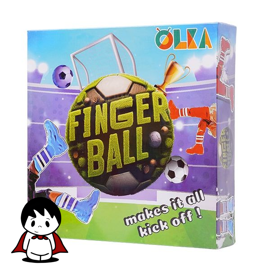 تصویری از بازی رومیزی بازی فوتبال انگشتی Finger Ball که روی یک سطح روشن قرار دارد. زمین بازی سبز رنگ با قطعاتی به رنگهای ترکیبی و شاد (قرمز و آبی) به خوبی مشخص است و دو انگشت در حال انجام بازی هستند که حس هیجان و رقابت را منتقل میکند. این تصویر به خوبی ماهیت سرگرمکننده و خانوادگی محصول را برای کودکان بالای سه سال به نمایش میگذارد.