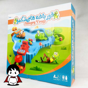 صفحه بازی گروهی قورباغه‌های گرسنه با چهار قورباغه رنگی و توپ‌ها در مرکز آن