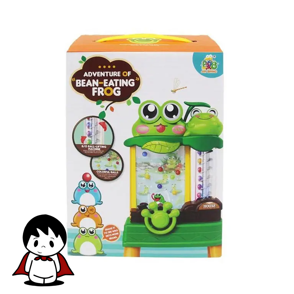 یک اسباببازی پلاستیکی سبز رنگ به شکل قورباغه ماجراجو با دهان باز که روی یک سطح روشن قرار گرفته است. در کنار قورباغه، چندین سکه پلاستیکی رنگارنگ دیده میشود که آماده پرتاب شدن هستند. تصویر، حس یک بازی شاد، پرانرژی و آموزشی را برای کودکان خردسال القا میکند.