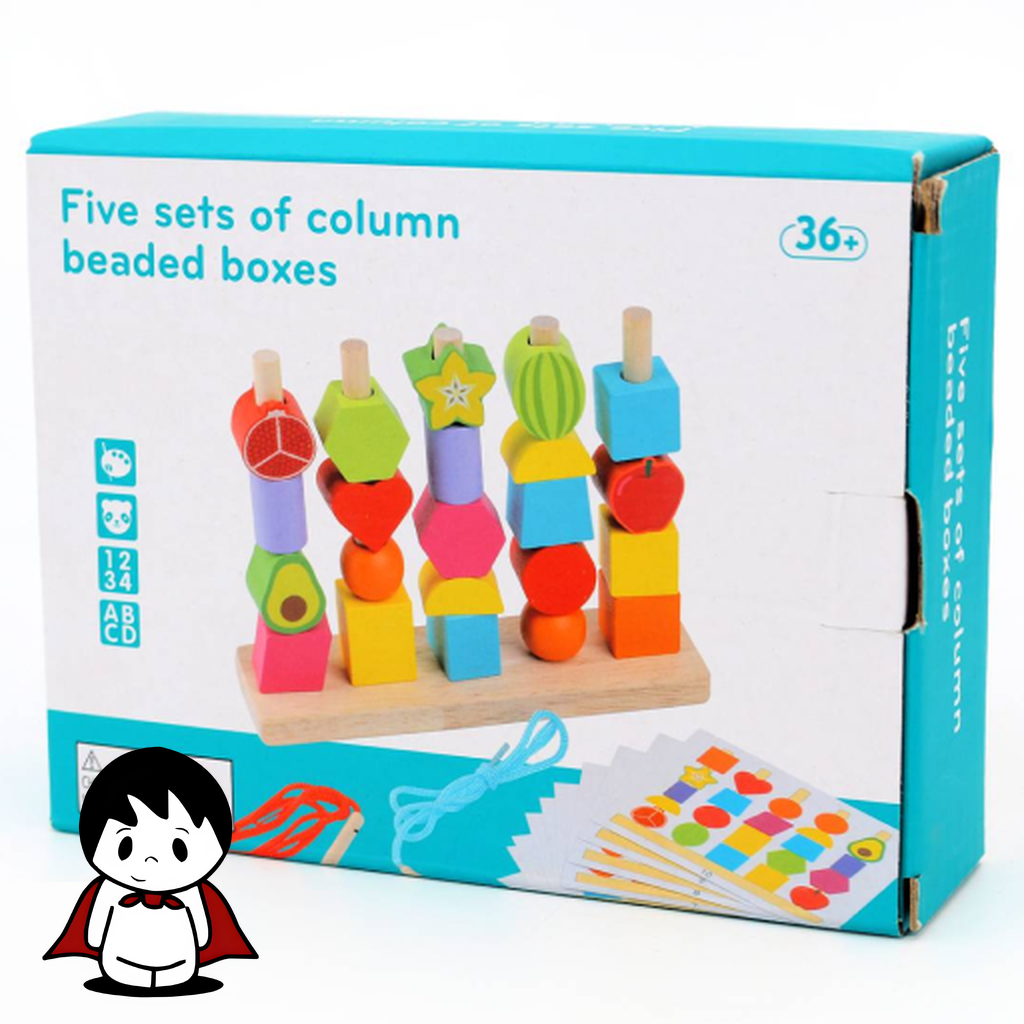f-wooden-rod-beads-5-columns بازی فکری کودک، مهره چوبی، آموزش رنگها