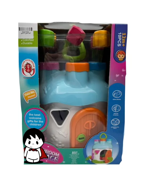 اسباب بازی کلبه هوش قارچی,کودک در حال بازی با کلبه هوش,اشکال هندسی رنگی کلبه هوش,جایگذاری اشکال هندسی در کلبه,کلبه هوش برای کودک یک ساله